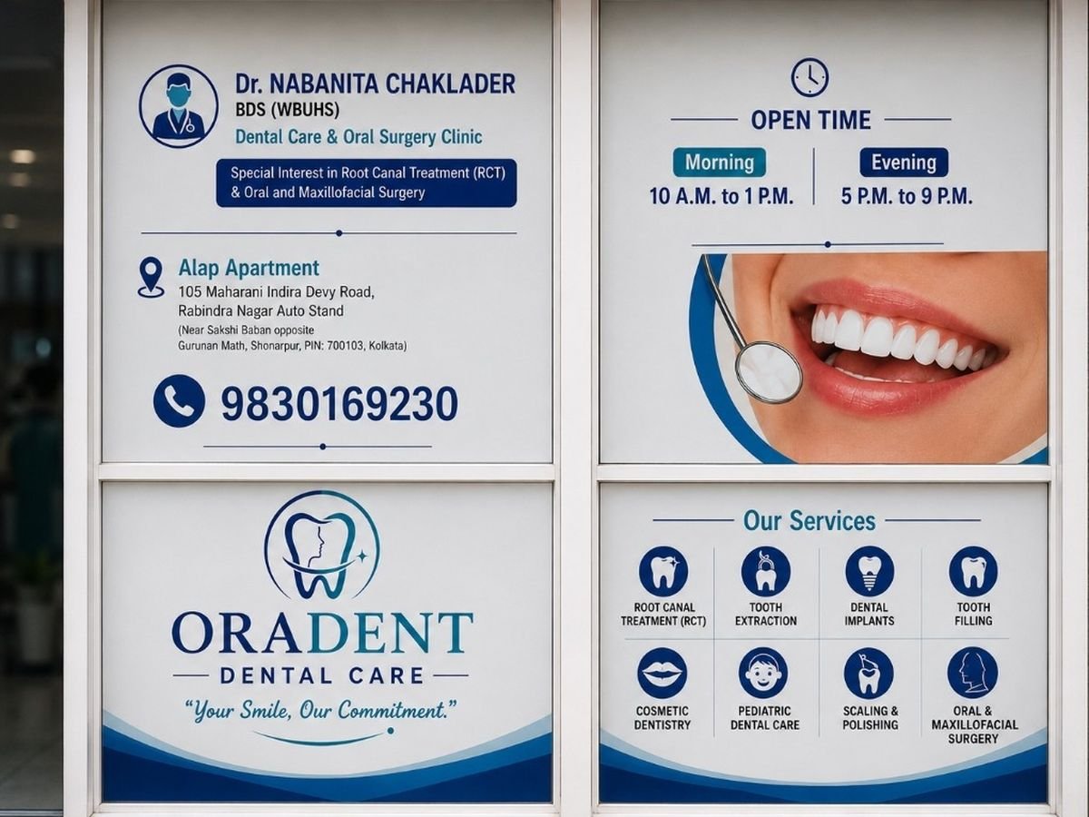 Frontage of ORADENT Dental Care on Maharani Indira Devi Road, showing treatments offered and opening hours on the window